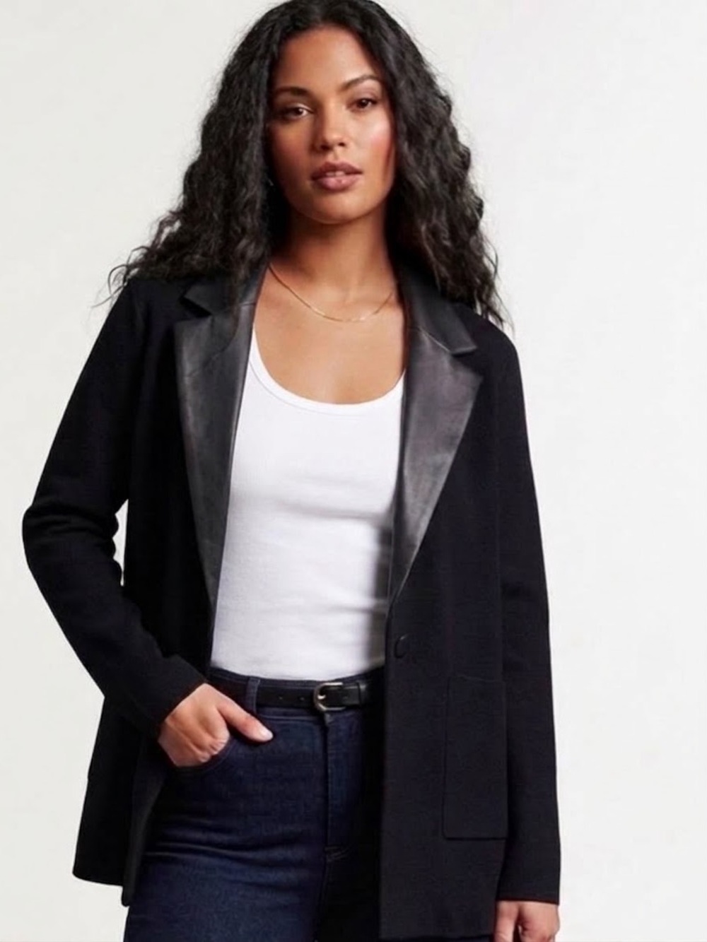 Sioni Black Knit Cardigan Sweater Blazer Faux Leather Lapel Size XL Pockets